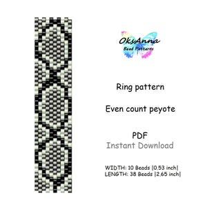 May include: A black, white, and gray beaded ring pattern with a geometric design. The pattern is for even count peyote, and the width is 0.53 inches with a length of 2.65 inches. The image includes the text "OksAnna Bead Patterns".
