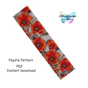 Puede incluir: Un patrón de pulsera de cuentas con amapolas rojas sobre un fondo gris. El patrón está disponible como descarga digital en formato PDF. El texto "Peyote Pattern" y "Instant Download" está incluido en la imagen.