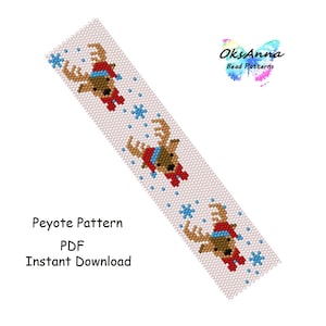 May include: A beaded peyote pattern featuring reindeer in red, brown, and blue, with snowflakes on a white background. The text "Peyote Pattern PDF Instant Download" is also visible.