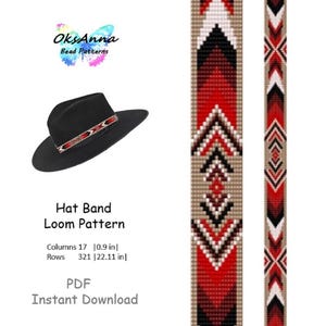 May include: A PDF pattern for a hat band loom pattern with a geometric design in red, black, and white. The pattern is 17 columns wide and 321 rows long, measuring 0.9 inches wide and 22.11 inches long.