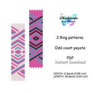 May include: Two beaded ring patterns in pink, blue, and black. The patterns are displayed vertically, with the text "2 Ring patterns", "Odd count peyote", and "PDF Instant Download". The width is 0.58 inch and the length is 2.65 inches.
