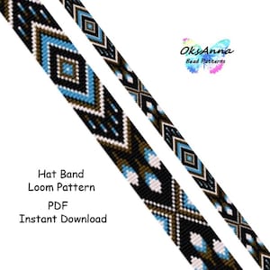 May include: A loom pattern for a hat band with a geometric design in black, white, brown, and blue. The pattern is shown on a white background with the text "Hat Band Loom Pattern PDF Instant Download".