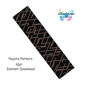 May include: A black and tan peyote stitch pattern. The pattern features geometric shapes. The text "Peyote Pattern PDF Instant Download" is displayed. The logo "OksAnna Bead Patterns" is in the upper right corner.