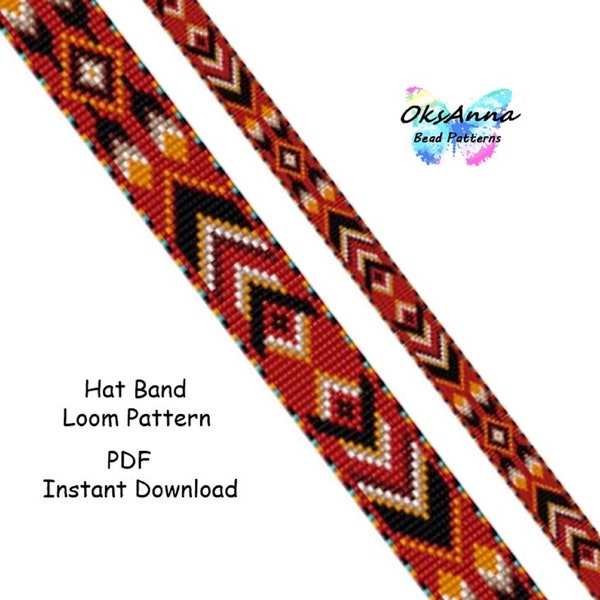 Red Beading hatband pattern Bead loom hatband Miyuki pattern Geometric Beading pattern Seed bead pattern Loom stitch Beadwork hatband