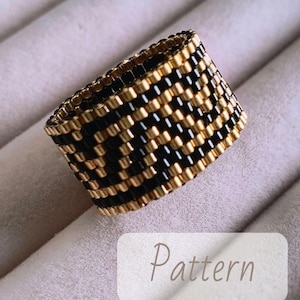 May include: A wide beaded ring with a repeating pattern of black and gold beads. The ring is made of small, evenly spaced beads, creating a textured surface. The word "Pattern" is in a white rectangle.