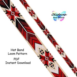 May include: A loom beading pattern for a hat band with a red, white, and black geometric design. The pattern is available as an instant PDF download. Hat Band Loom Pattern PDF Instant Download