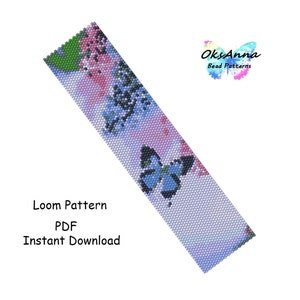 May include: A loom beading pattern featuring a butterfly with pink, blue, and green accents. The pattern is for a bracelet or other jewelry project. The text "Loom Pattern PDF Instant Download" is at the bottom of the image.