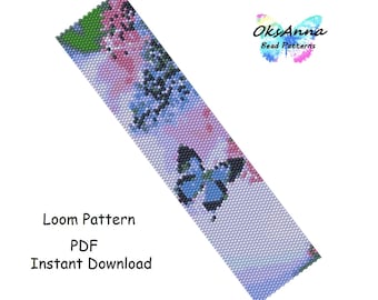 May include: A loom beading pattern featuring a butterfly with pink, blue, and green accents. The pattern is for a bracelet or other jewellery project. The text "Loom Pattern PDF Instant Download" is at the bottom of the image.