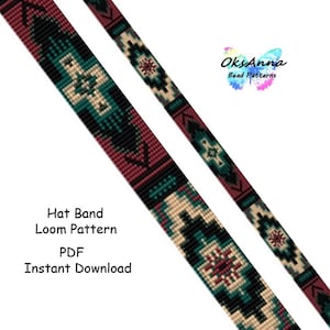 May include: A detailed loom pattern for a hat band, featuring a geometric design in shades of burgundy, teal, black, and beige. The text "Hat Band Loom Pattern PDF Instant Download" is displayed. The design is intricate and suitable for beadwork projects.