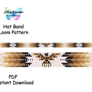 Op de afbeelding: Een weefpatroon voor kralen voor een hoedband met een ontwerp geïnspireerd op Amerikaanse indianen met een gestileerde adelaar en geometrische vormen in wit, zwart en goud.