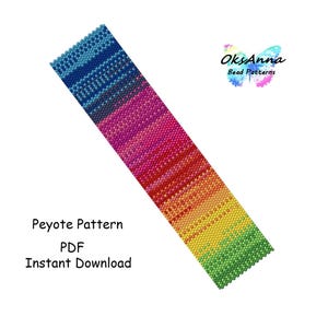 May include: A colorful beaded bracelet pattern in a peyote stitch. The pattern is a rainbow of colors, starting with blue and ending with green. The pattern is available as a PDF download. The text "Peyote Pattern PDF Instant Download" is at the bottom of the image.