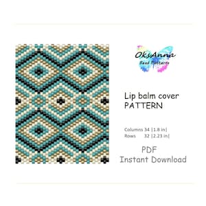 May include: A detailed pattern for a lip balm cover, featuring a geometric design in teal, black, and beige. The pattern is composed of 34 columns (1.8 in) and 32 rows (2.23 in). The text "Lip balm cover PATTERN" is displayed.