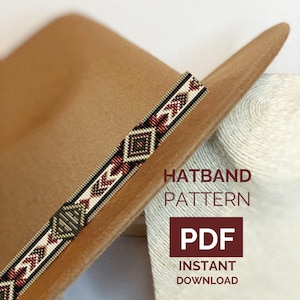 May include: A beaded hatband with a geometric pattern in red, black, white, and green, resting on a tan hat. The text "HATBAND PATTERN PDF INSTANT DOWNLOAD" is visible in a red box.