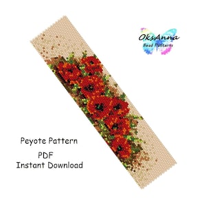 May include: A beaded peyote stitch pattern featuring a bouquet of red poppies. The pattern is available as a digital PDF download.  The text "Peyote Pattern PDF Instant Download" is displayed below the image.