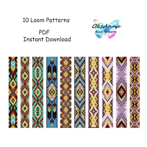 Könnte beinhalten: Zehn Webmuster für Perlenarbeiten, mit geometrischen Designs in verschiedenen Farben, darunter Rot, Gelb, Blau, Schwarz und Weiß. Die Muster sind in einer Reihe angeordnet, und der Text "10 Loom Patterns" und "PDF Instant Download" befindet sich über den Mustern. Der Text "OksAnna Bead Patterns" befindet sich in der oberen rechten Ecke.