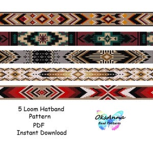 Könnte beinhalten: Fünf horizontale Perlenwebmuster für Hutbänder mit geometrischen Designs in verschiedenen Farbpaletten, darunter Rot, Schwarz, Weiß, Grau und Türkis. Der Text lautet 5 Loom Hatband Pattern PDF Instant Download und OksAnna Bead Patterns.
