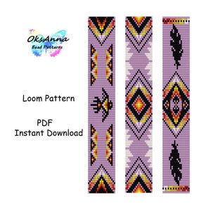 Purple Loom bracelet pattern set Violet Seed bead pattern Geometric bracelet design Tribal style Beading tutorial