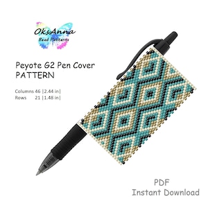 May include: A beaded pen cover pattern in peyote stitch. The pattern is for a pen cover that is 2.44 inches wide and 1.48 inches tall. The pattern is in a geometric design with teal, black, white, and beige beads.