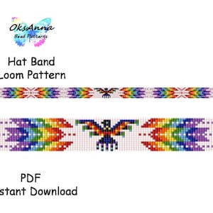 May include: A digital PDF pattern for a hat band loom project. The design features a repeating pattern of colorful geometric shapes in rainbow hues, with a central motif of a stylized bird. The text "Hat Band Loom Pattern" is displayed.