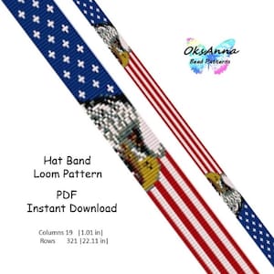 Könnte beinhalten: Ein Webmuster für Perlen für ein Hutband mit amerikanischer Flagge und Adlermotiv. Das Muster ist 19 Spalten breit und 321 Reihen lang und misst 1,01 Zoll in der Breite und 22,11 Zoll in der Länge. Das Muster ist als PDF-Sofortdownload verfügbar.
