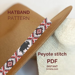 May include: A hatband pattern featuring a peyote stitch design with a repeating geometric motif in red, black, white, and gray, including a black buffalo silhouette. The text reads HATBAND PATTERN, Peyote stitch PDF, INSTANT DOWNLOAD.