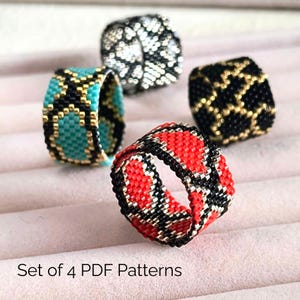 May include: Four beaded rings in various colors: turquoise with black and gold, black and white, black with gold, and red with black and white. The rings are displayed on a light pink surface. Text on the image reads "Set of 4 PDF Patterns."