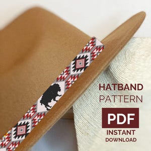 May include: A beaded hatband pattern with a Native American design, featuring a black buffalo silhouette and geometric patterns in red, gray, and white. The text "HATBAND PATTERN" and "PDF INSTANT DOWNLOAD" are also visible.