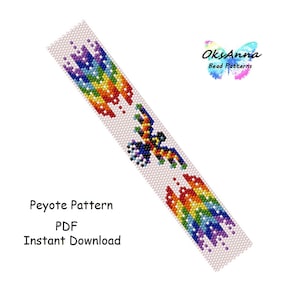 Puede incluir: Un diseño de patrón de peyote blanco con un pájaro de colores del arcoíris y rayas de colores del arcoíris. Se muestra el texto "Peyote Pattern PDF Instant Download". La imagen también incluye el texto "OksAnna Bead Patterns".
