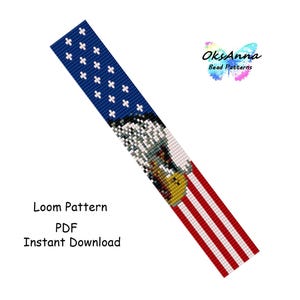 May include: A beaded loom pattern featuring the American flag with a bald eagle design. The pattern includes a blue section with white stars, a detailed eagle, and red and white stripes. Text on the image reads "Loom Pattern PDF Instant Download."
