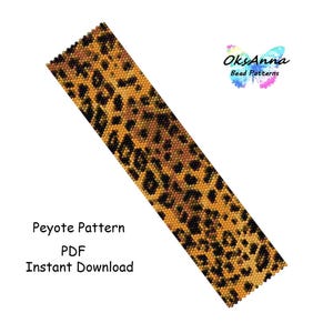 May include: A rectangular peyote pattern in a leopard print design, featuring shades of brown and black. The image includes the text "Peyote Pattern PDF Instant Download" and a logo with the text "OksAnna Bead Patterns".