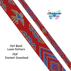 May include: Red and blue beaded hat band loom pattern with geometric designs. The text "Hat Band Loom Pattern PDF Instant Download" is displayed. The design features a repeating pattern of blue and gold shapes on a red background.