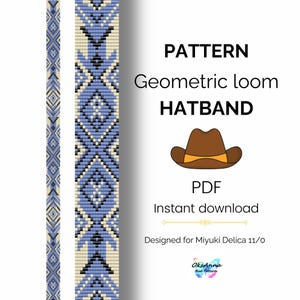 May include: A digital PDF pattern for a geometric loom hatband. The design features a repeating pattern in blue, black, and cream colors. The image includes a graphic of a brown hat and the text "Instant download."
