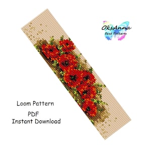 May include: A loom beading pattern featuring a bouquet of red poppies with green leaves on a beige background. The pattern is for a bracelet or other project. The text "Loom Pattern PDF Instant Download" is at the bottom of the image.