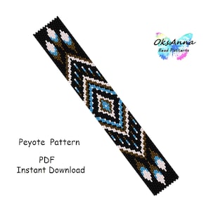 Może przedstawiać: Wzór na bransoletkę z koralików z geometrycznym wzorem w kolorze czarnym, białym, brązowym i niebieskim. Wzór nazywa się "Peyote Pattern" i jest dostępny jako natychmiastowy pobranie w formacie PDF. Tekst "OksAnna Bead Patterns" jest również widoczny na obrazku.