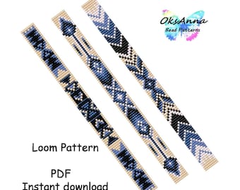 Op de afbeelding: Drie weefpatronen voor armbanden met een geometrisch ontwerp in tinten blauw en beige. De patronen zijn gelabeld met "Loom Pattern" en "PDF Direct downloaden".