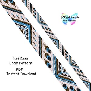 May include: A digital PDF pattern for a hat band loom. The design features a geometric pattern in white, light blue, and brown. The text on the image reads "Hat Band Loom Pattern PDF Instant Download."