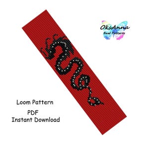 May include: A red loom pattern with a black dragon design. The text "Loom Pattern PDF Instant Download" is displayed below the design. The OksAnna Bead Patterns logo is in the upper right corner.
