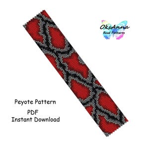 Peut inclure: Un motif de perles peyote rectangulaire rouge, noir et gris, ressemblant à une peau de serpent. L'image comprend le texte "Peyote Pattern PDF Instant Download" et le logo "OksAnna Bead Patterns".