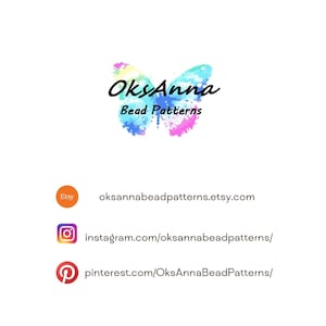 May include: A logo featuring a watercolor-style butterfly in shades of blue, pink, and yellow with the black text OksAnna Bead Patterns. Below are orange, purple, and red circular icons for Etsy, Instagram, and Pinterest with their URLs.