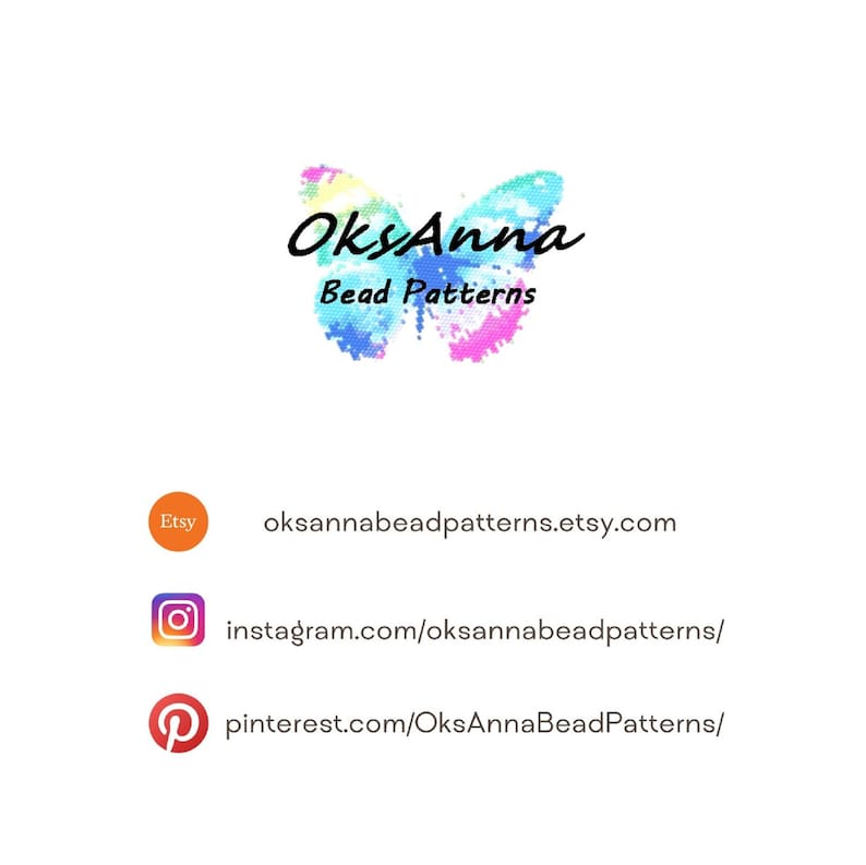 May include: A logo featuring a watercolor-style butterfly in shades of blue, pink, and yellow with the black text OksAnna Bead Patterns. Below are orange, purple, and red circular icons for Etsy, Instagram, and Pinterest with their URLs.