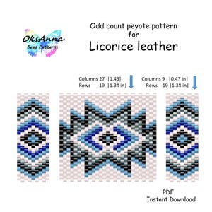 May include: A digital pattern for beadwork, featuring a geometric design in shades of blue, black, and white. The pattern is for licorice leather and includes measurements of 1.43 inches by 1.34 inches. The text "Odd count peyote pattern" is visible.