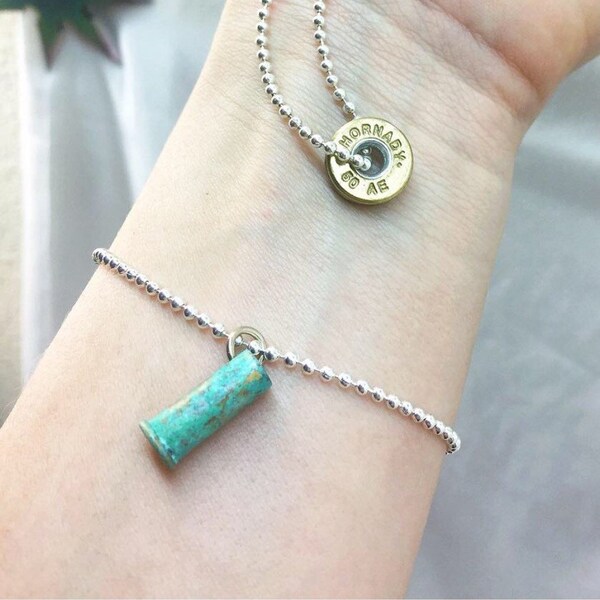 22 charm bracelet Turquoise patinated round bullet pendant on ball chain necklace with projectile