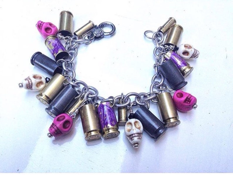 Pink /& Purple Patinated charm and chain bracelets day of the dead skull collector pink white skulls spent brass brass bangle bracelet