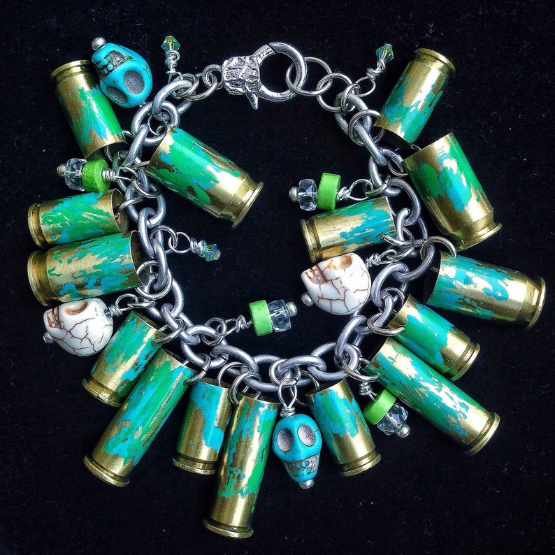 Pink /& Purple Patinated charm and chain bracelets day of the dead skull collector pink white skulls spent brass brass bangle bracelet