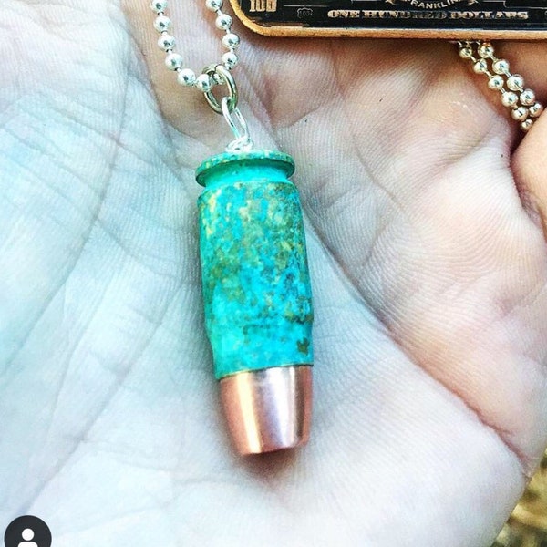 357sig Turquoise patinated round bullet pendant on ball chain necklace with projectile reloaded with gold dot hollowpoint
