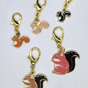 May include: Five gold-colored metal squirrel charms with lobster clasps. The squirrels are in various colors, including black, orange, pink, and brown.