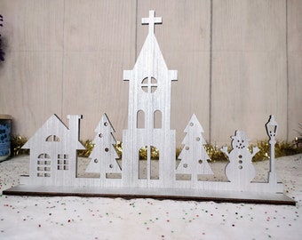Wooden Christmas Village Scene: Holiday Mantel Decoration