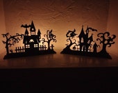Haunted Houses Halloween Display - Spooky Houses - Black Wooden Halloween Houses - Spooky - Scary - Bats - Horror - Halloween Décor