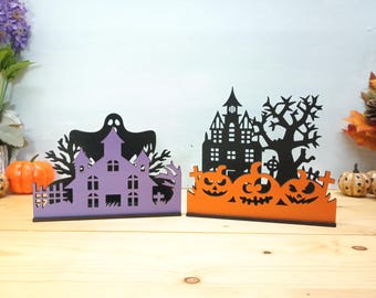 Laser Cut Wood Halloween Haunted House Candle Holder: Spooky Mantel Decor
