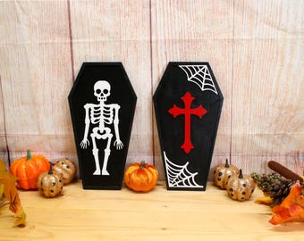 Coffin with Skeleton Display, Coffin with Cross Display, Laser Cut Wooden Halloween Mantel Décor, Halloween Decorations, Spooky Coffin Décor